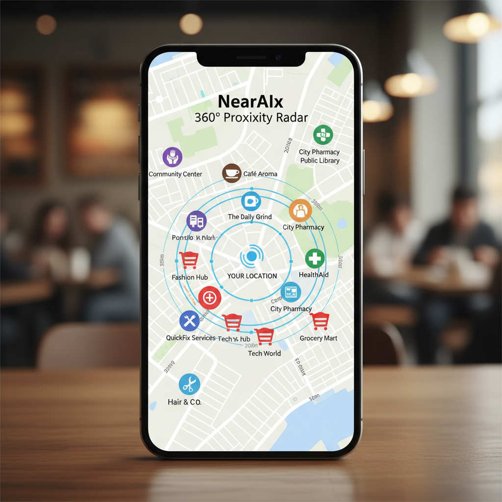 A smartphone displaying the NearAIx 360° Proximity Radar with nearby cafés, pharmacies, shops, services, and community places arranged around the user’s location