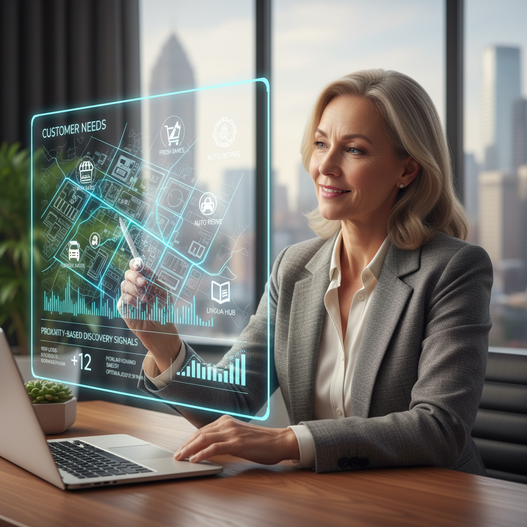A local business owner reviewing an AI-powered map showing nearby customer needs, business details, and proximity-based discovery signals