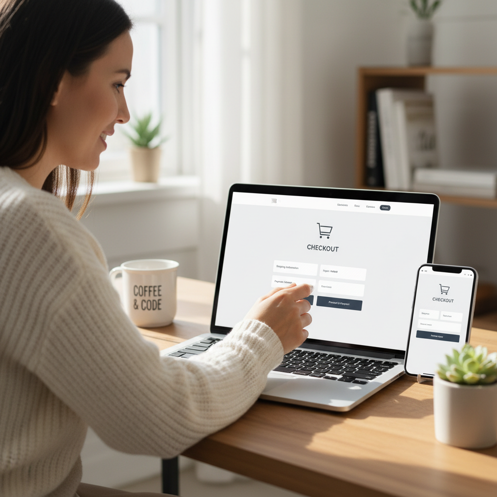 A small business owner reviewing a simple, mobile-friendly ecommerce checkout page on a laptop