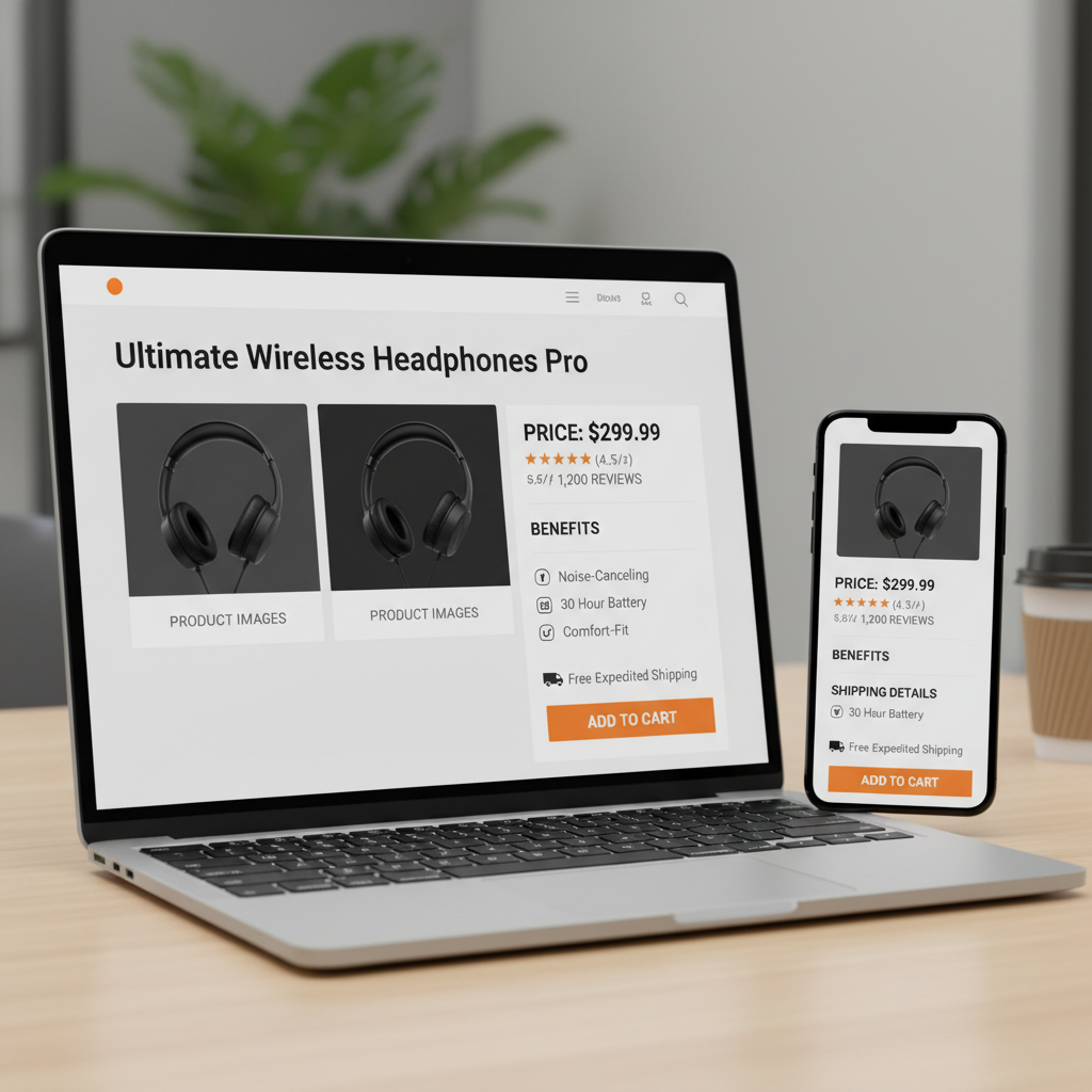 A well-organized product page displayed on a laptop and smartphone, with labeled examples of product images, pricing, reviews, benefits, shipping details, and a prominent call-to-action button