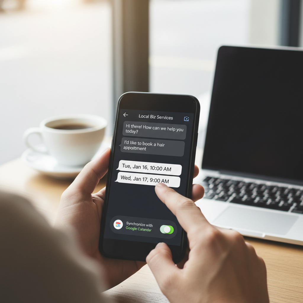 A local business customer using a mobile chat interface to select an available appointment that synchronizes with Google Calendar