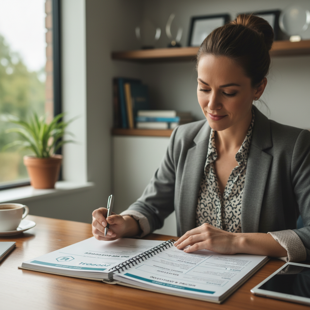 Small business owner reviewing a well-organized proposal with sections for client needs, solution, timeline, deliverables, and pricing