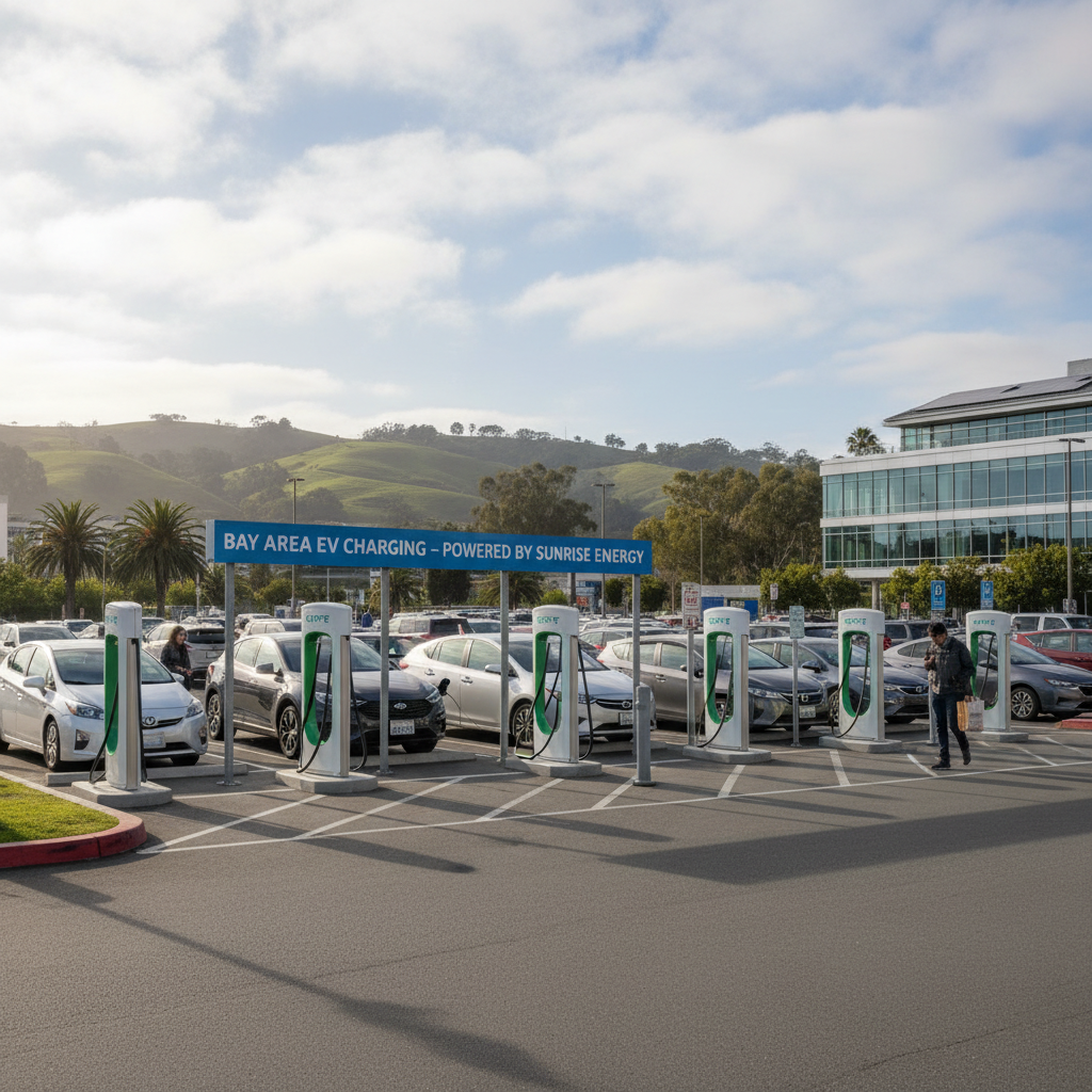 Bay Area public charging station and a mixed parking lot with EVs and hybrids