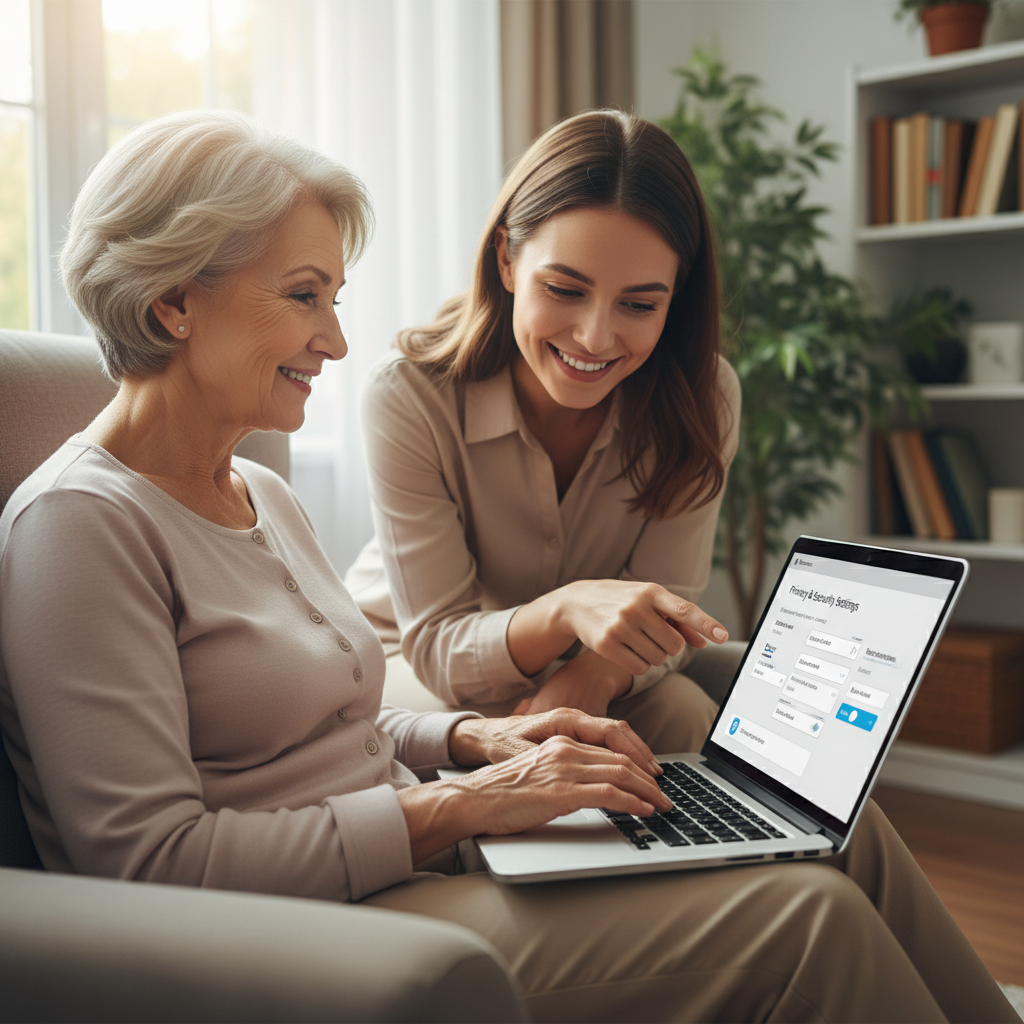 A senior using a laptop with a friendly helper showing privacy settings