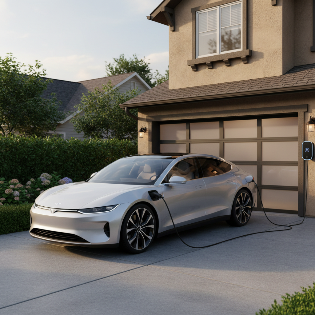 A modern electric vehicle plugged into a home Level 2 charger in a residential driveway