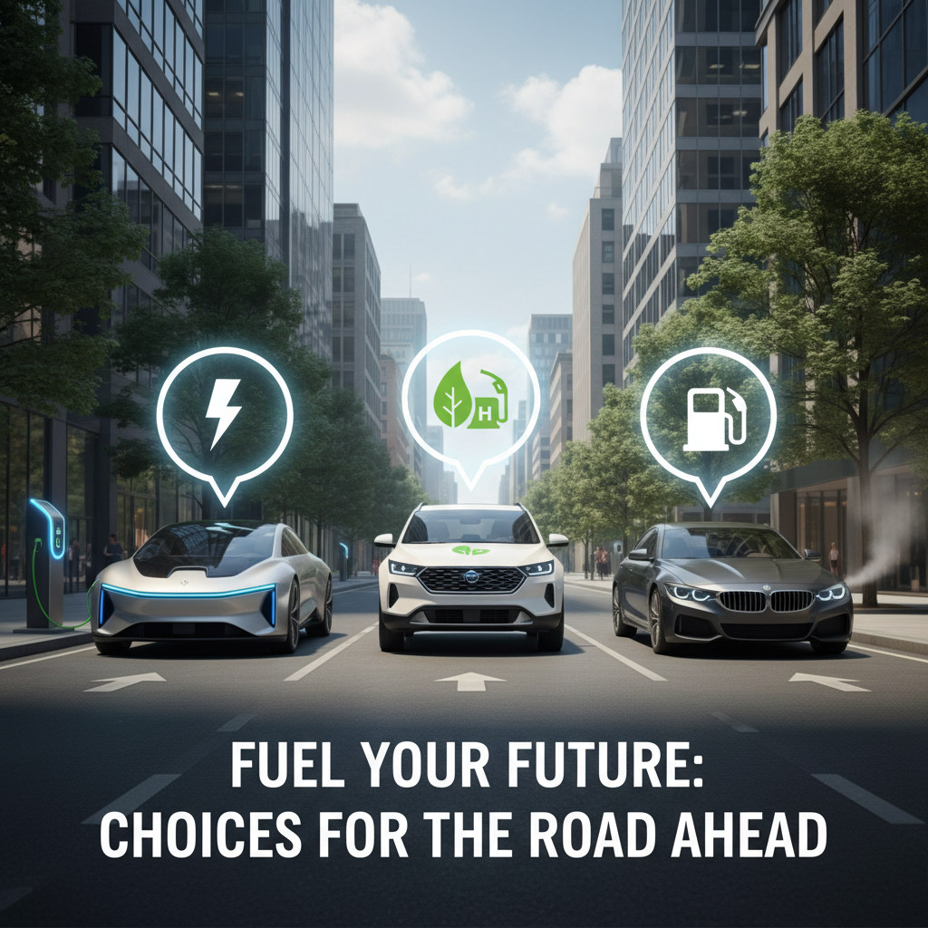 A row of three cars—an electric, a hybrid, and a gasoline vehicle—parked side by side in an urban setting to illustrate choices.