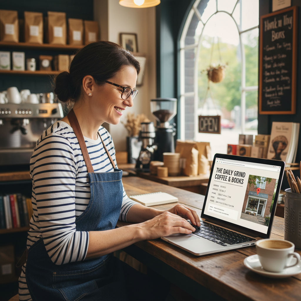 Professional cover image of a neighborhood shop owner reviewing an accurate local business listing on a laptop, with storefront details and a location map visible