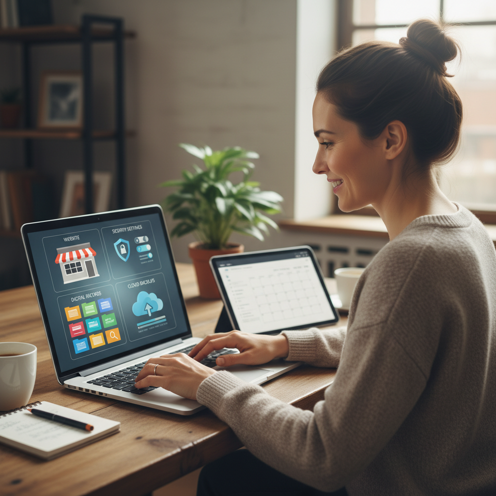Small business owner reviewing a website, security settings, cloud backups, and organized digital records on a laptop