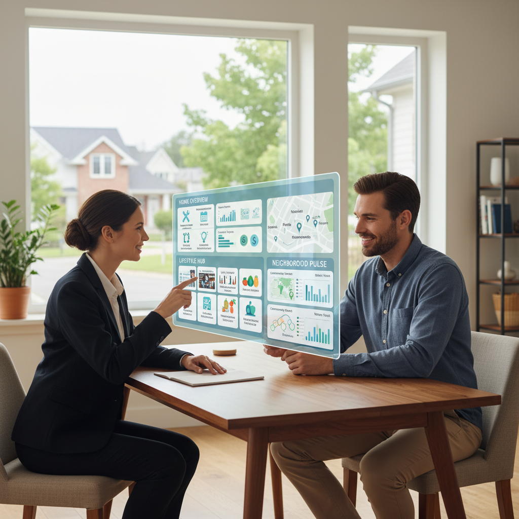 A property manager and homeowner reviewing organized home, lifestyle, and neighborhood information on a digital dashboard