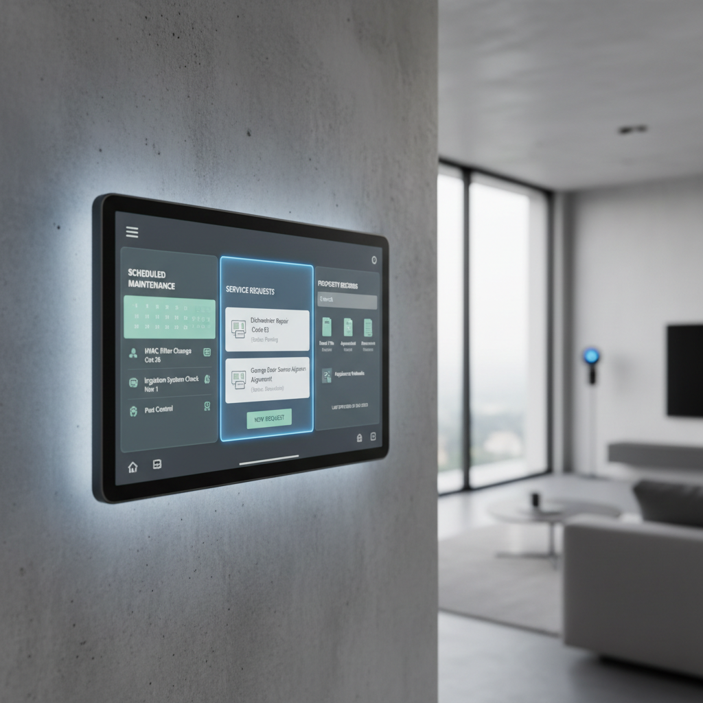 Smart home dashboard displaying scheduled maintenance, service requests, and property records