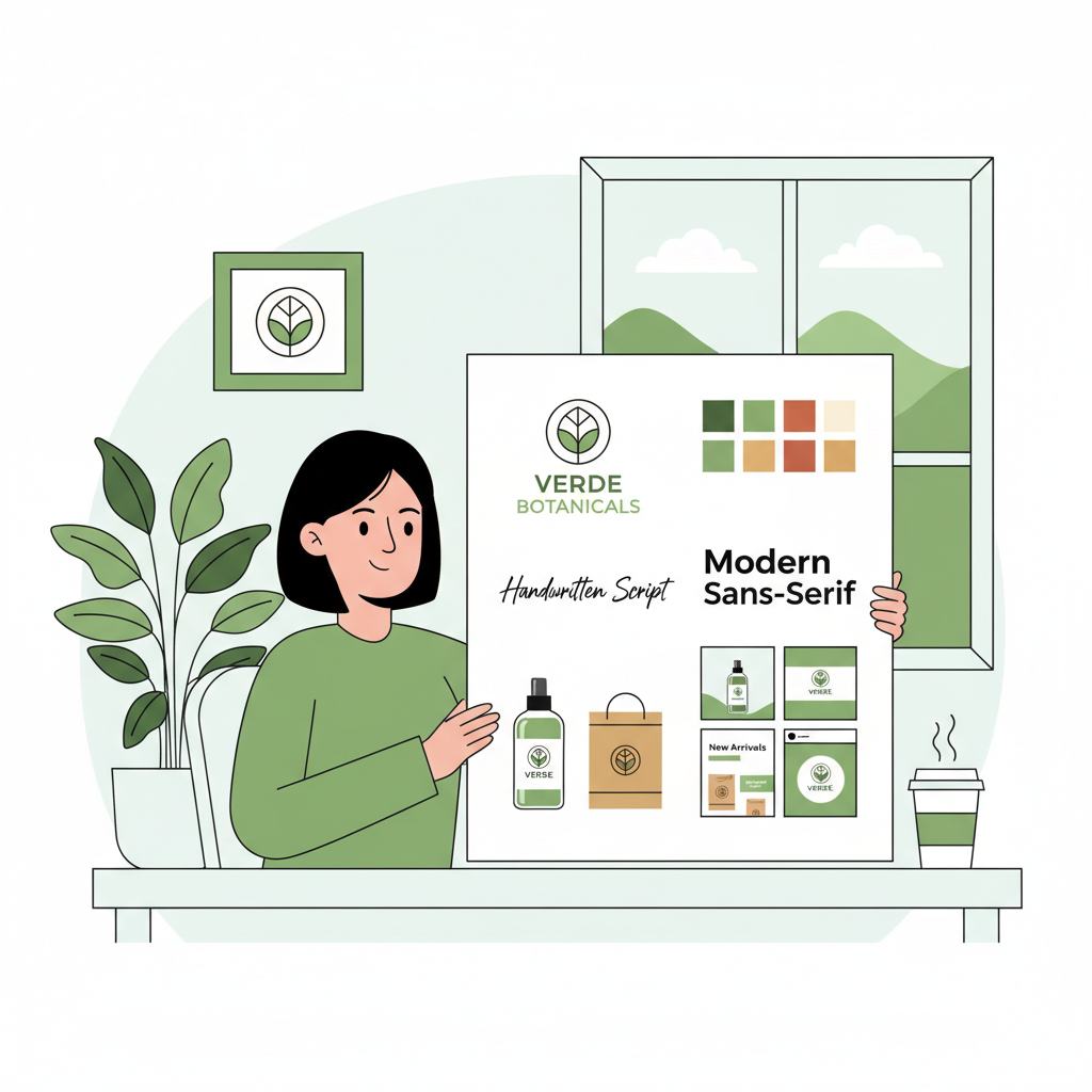 A small business owner reviewing a cohesive brand board featuring a logo, color palette, typography samples, packaging, and social media designs