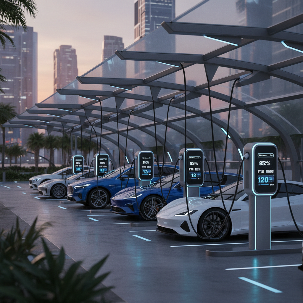 A row of modern electric cars at a fast-charging station, showing charging cables and digital displays