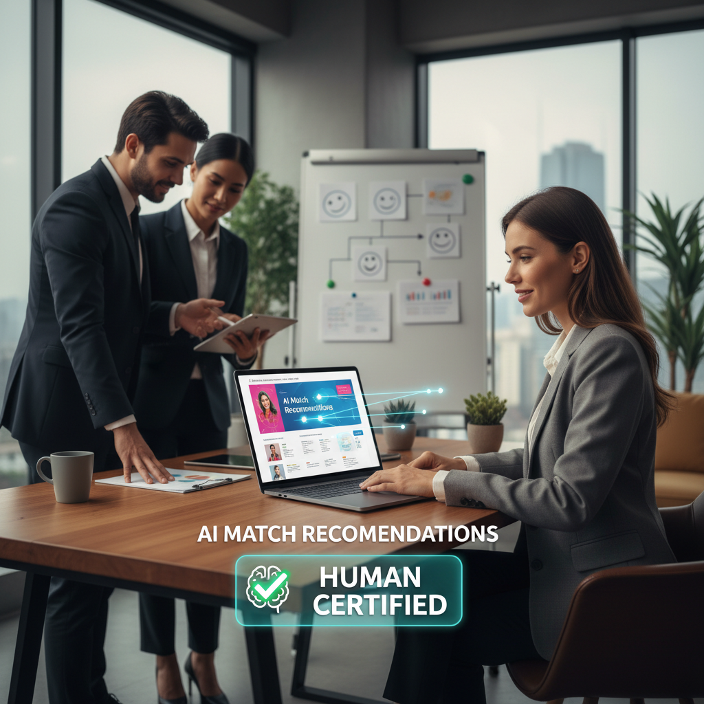 A certified human specialist reviewing AI-generated match recommendations on a laptop, with stakeholders in discussion