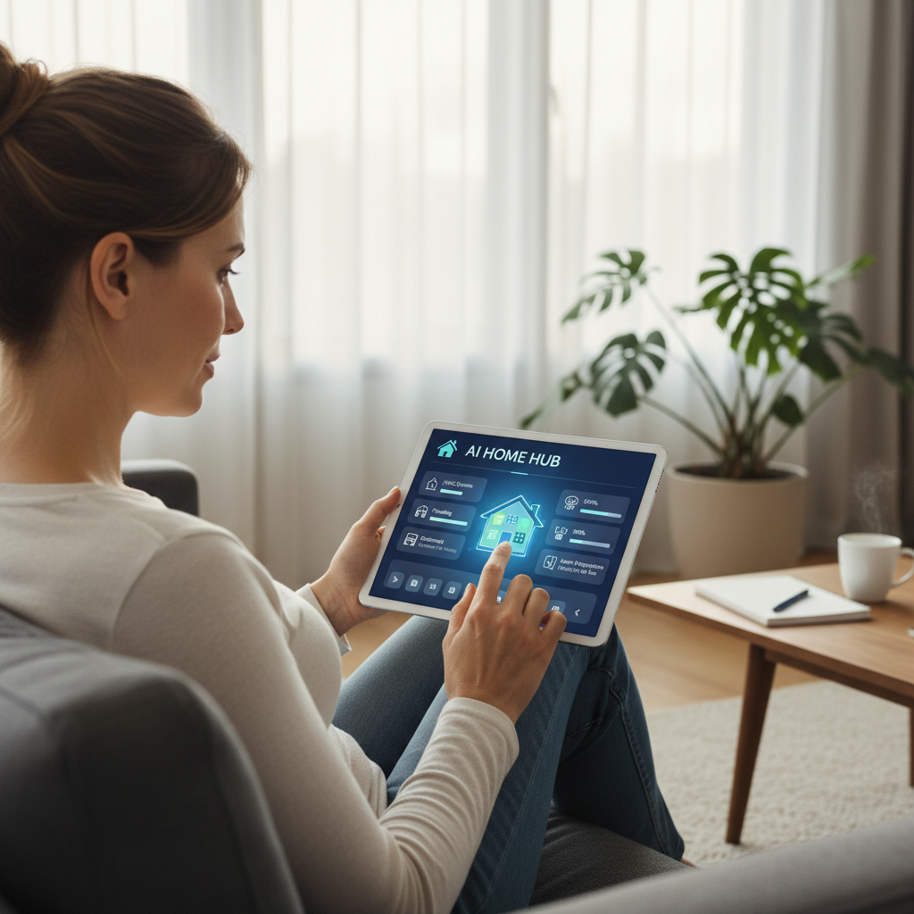 A homeowner using a tablet with an AI-driven home maintenance dashboard
