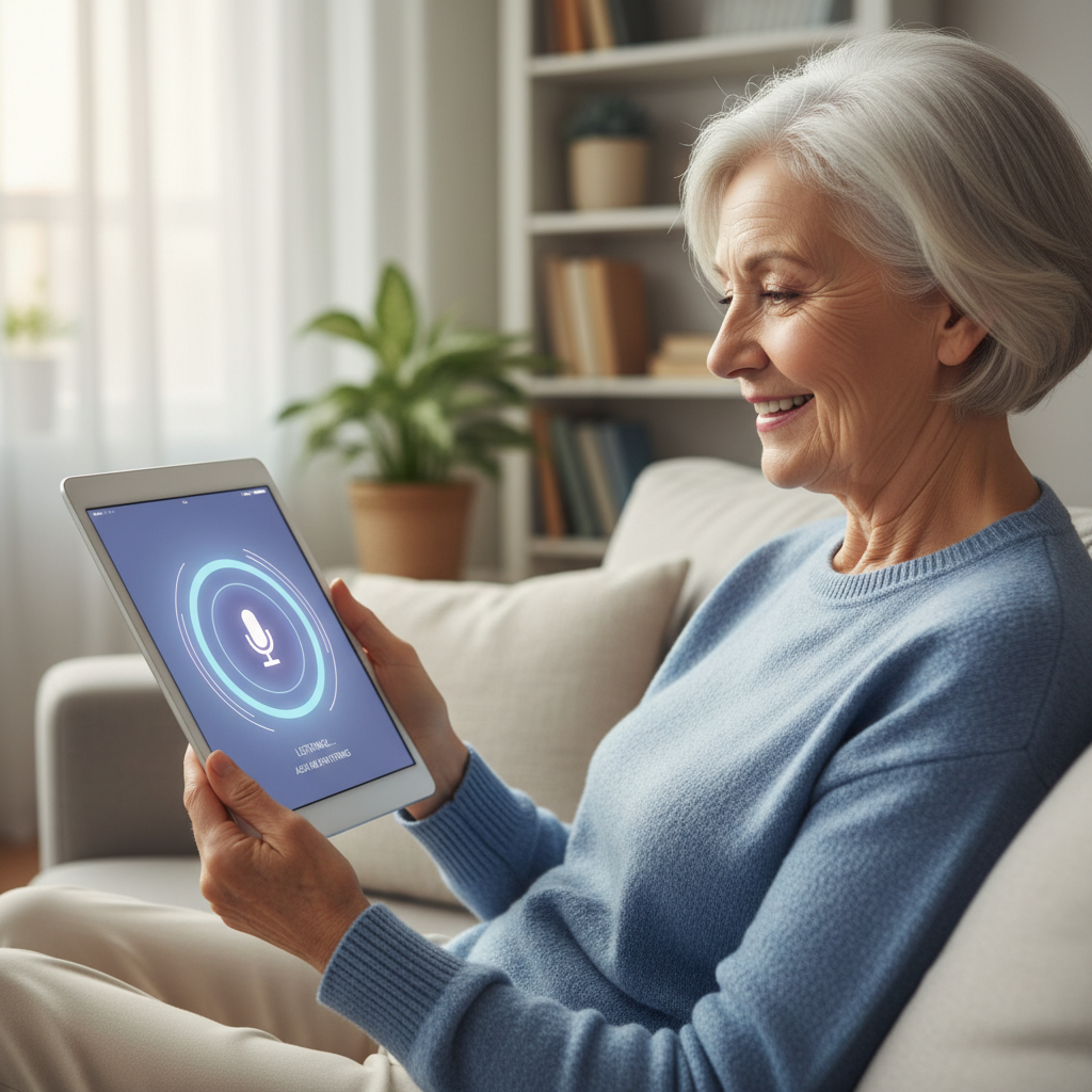 A smiling senior using a tablet with a visible voice assistant interface