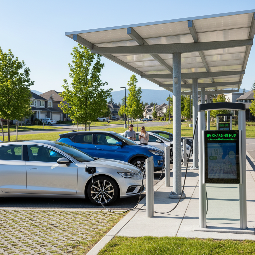 A row of electric vehicles charging at a public station in a suburban setting