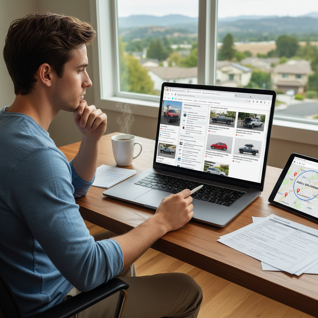 A buyer reviewing vehicle listings and inspection notes while comparing local options near Dublin, California