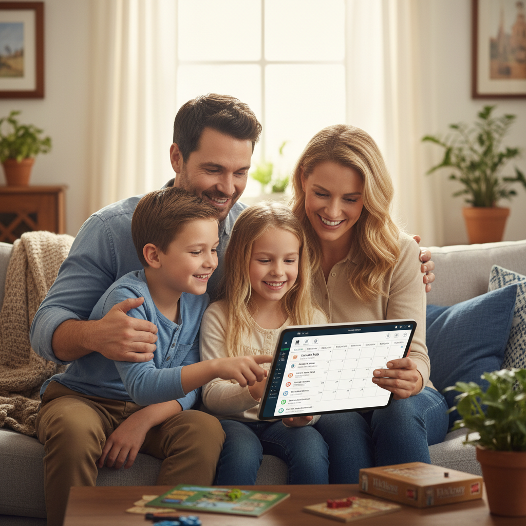 A family around a tablet reviewing a shared care calendar and task list