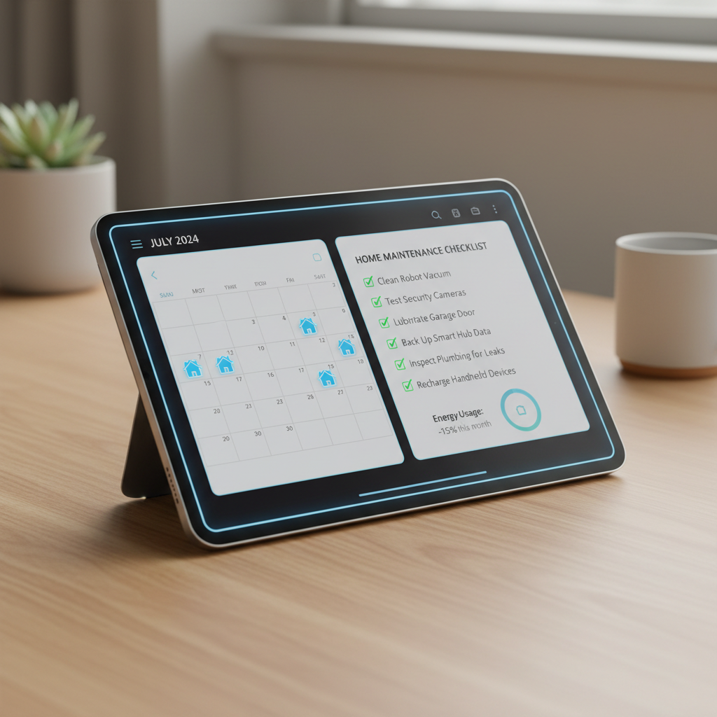 smart-home calendar and maintenance checklist displayed on a tablet