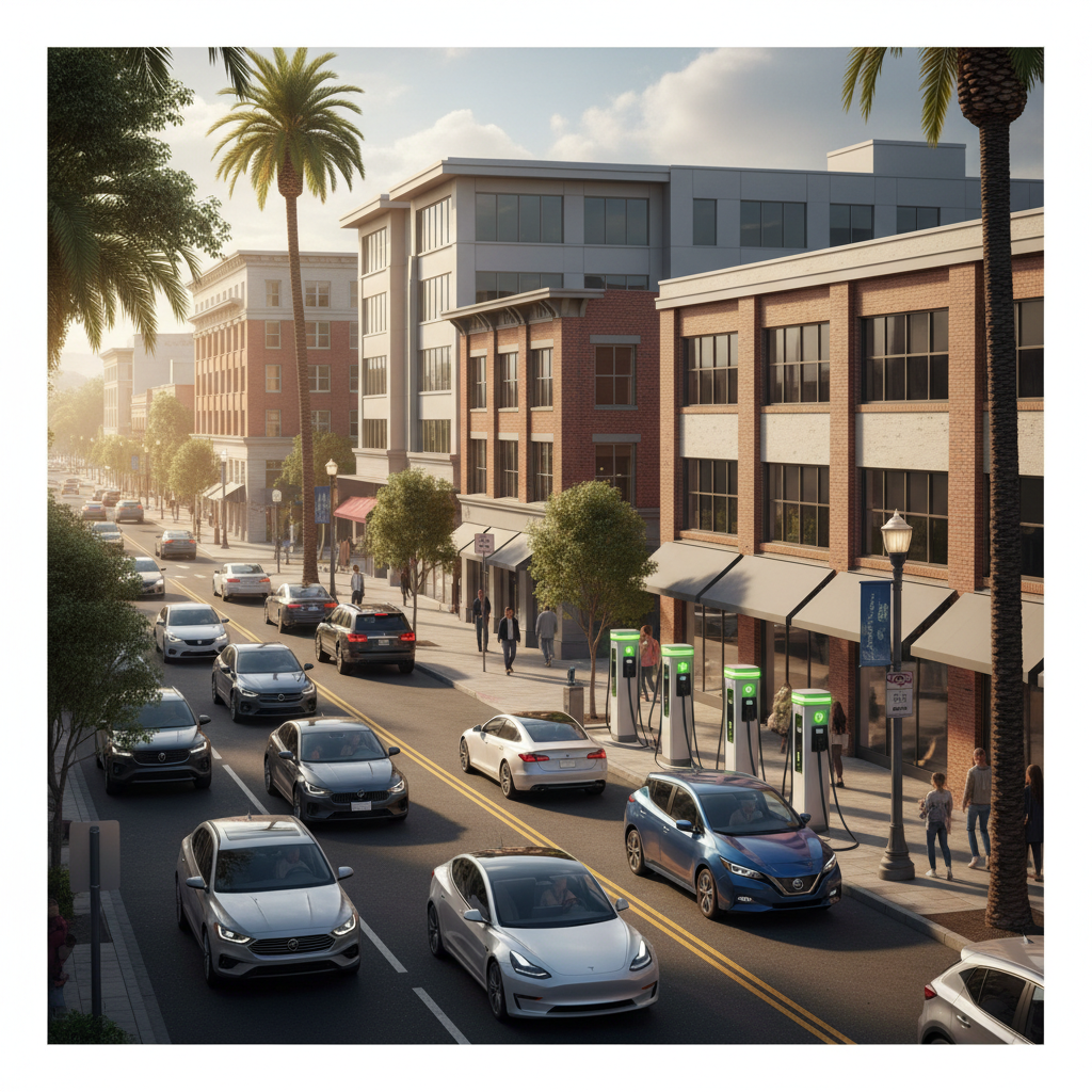 Pleasanton urban street with a mix of cars and an electric vehicle charging station in the background