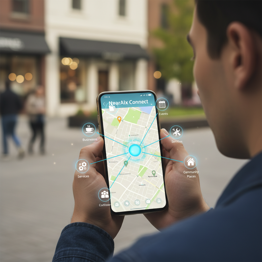 A person using NearAIx Connect on a smartphone to explore nearby businesses, events, services, and community places on an interactive local map