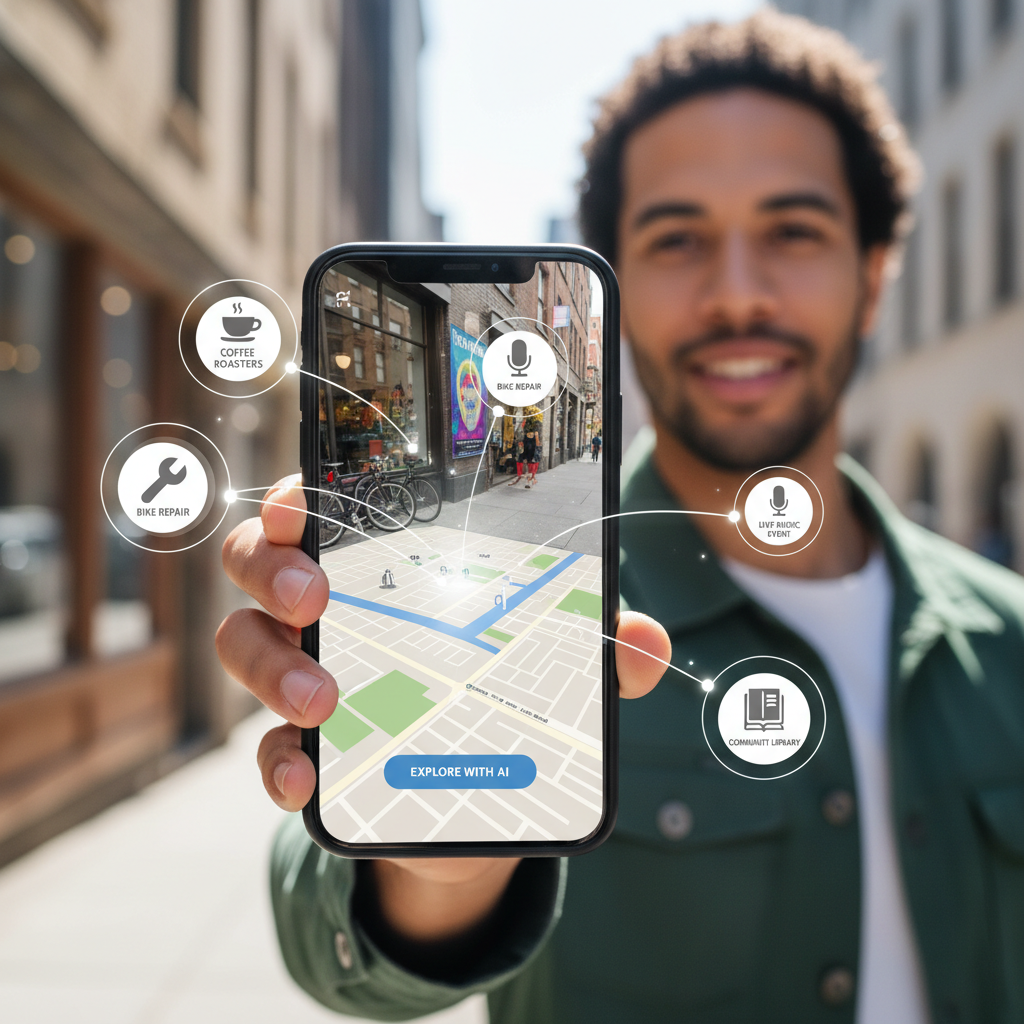 Cover image showing a person using an AI-powered local discovery app on a smartphone while nearby shops, services, events, and community locations appear as map-based recommendations