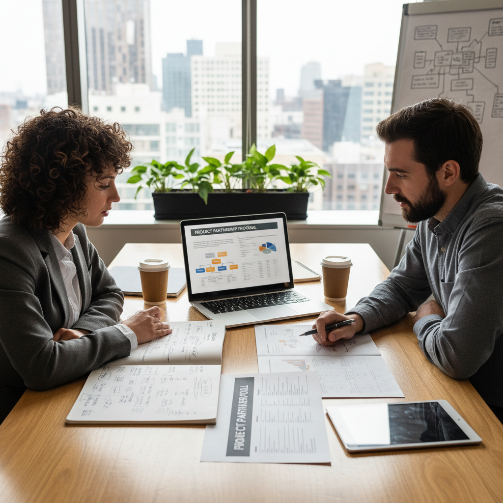 Two small business owners discussing a partnership proposal in a professional workspace with laptops, notes, and a shared project plan