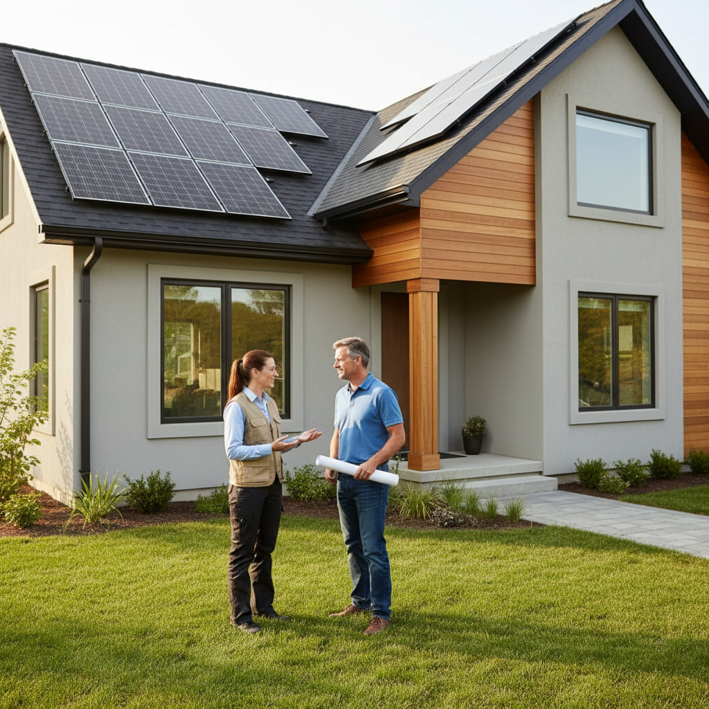 A distinctive photorealistic scene outside a modern American home with rooftop solar panels, showing a solar professional speaking with the homeowner beside the house in natural daylight, with no laptops, dashboards, text, logos, or promotional graphics