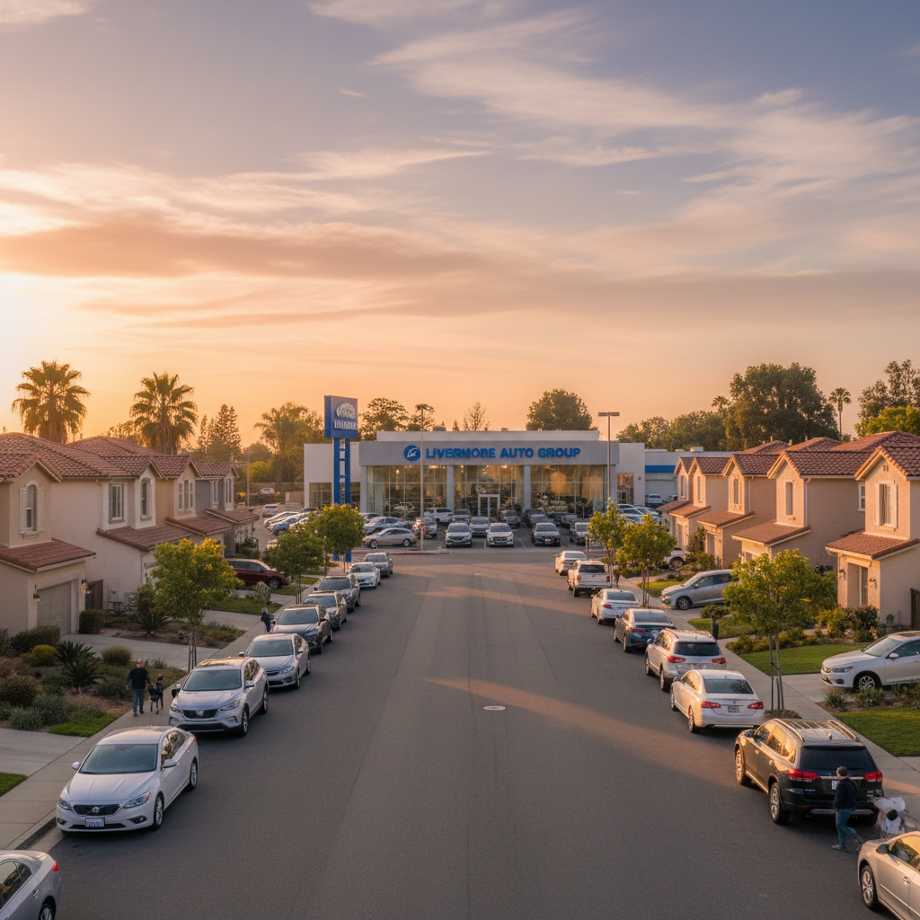 A Livermore neighborhood street with parked cars and a dealership in the distance