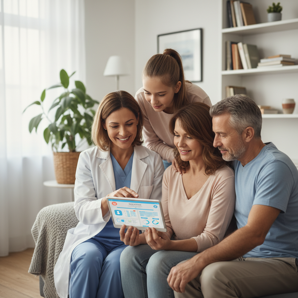 A family using a tablet to review a digital care plan while talking with a caregiver