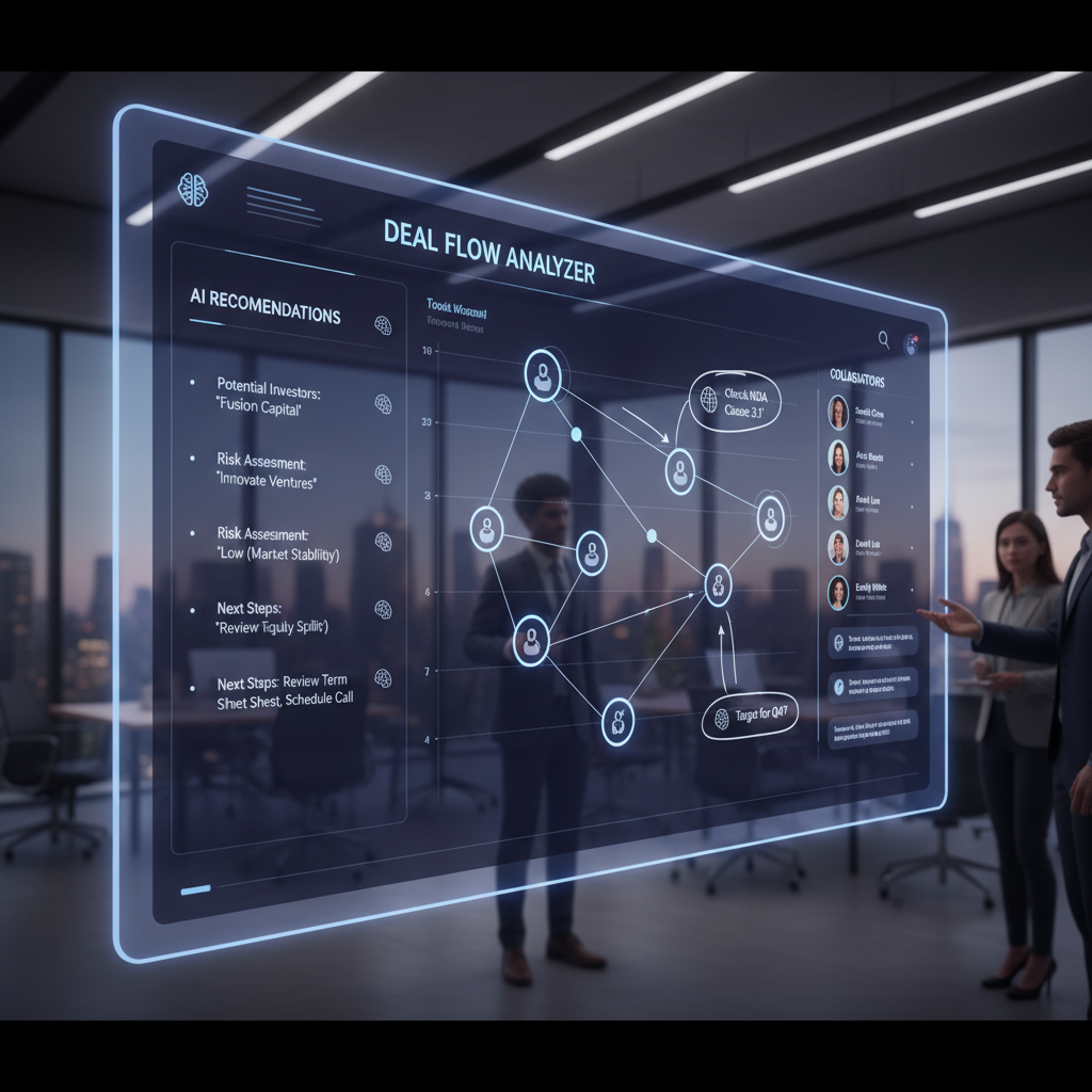 A modern digital deal room dashboard showing AI recommendations and human collaborator annotations