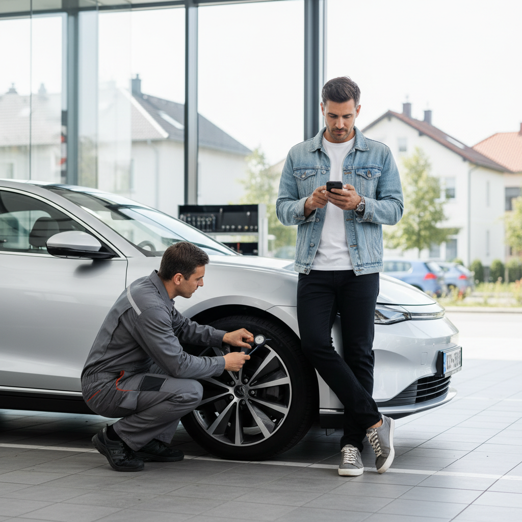 A distinctive photorealistic scene of a driver using a smartphone beside a modern car while an automotive technician examines a tire in a clean neighborhood service area