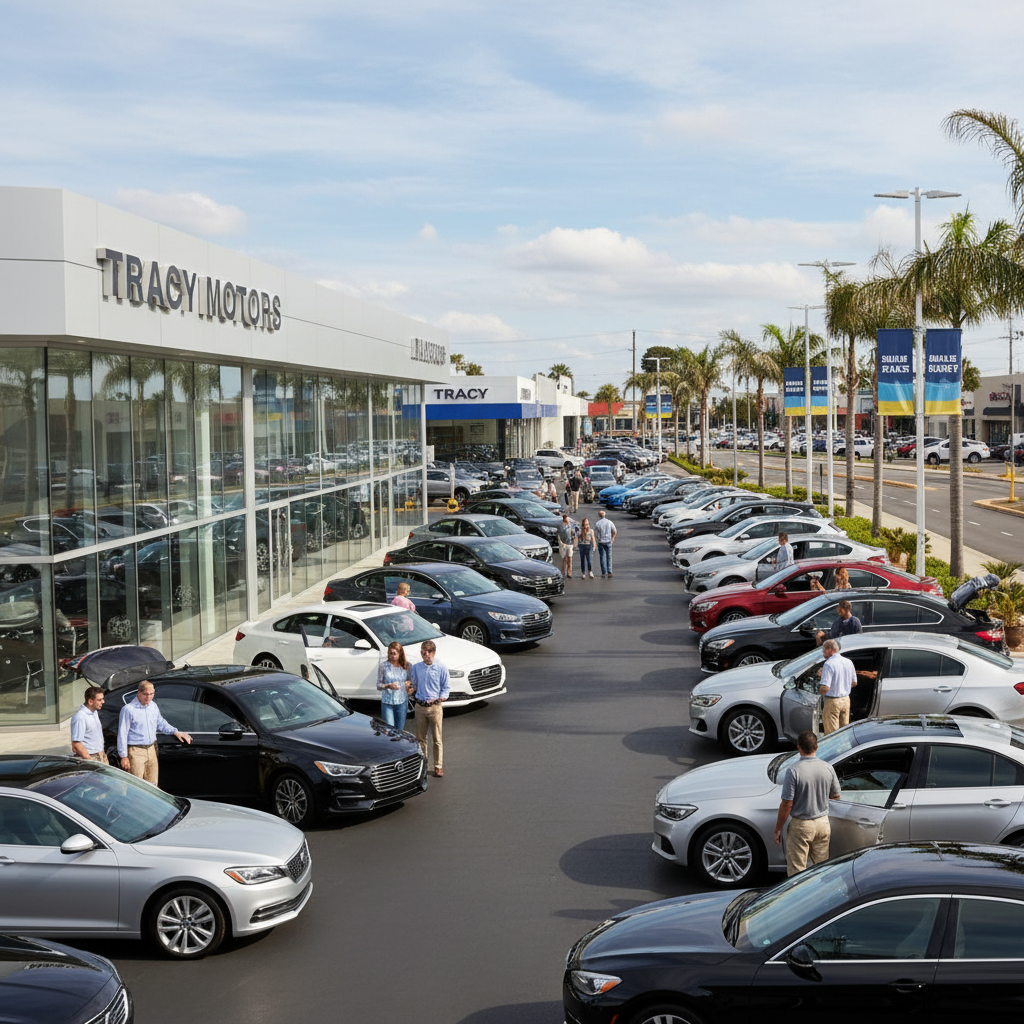 A busy Tracy dealership row with shoppers comparing sedans and SUVs