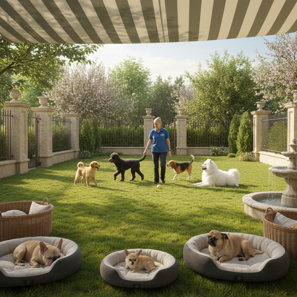 A sunny, secure outdoor play area at a pet hotel with supervised dogs and comfortable shaded seating for small pets