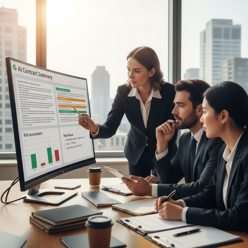A legal team reviewing AI-extracted contract summaries on a monitor