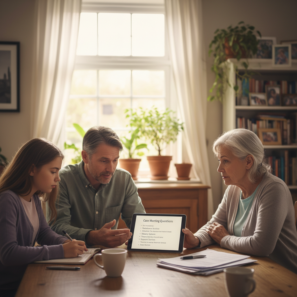 A family around a table using a tablet to prepare questions for a care meeting