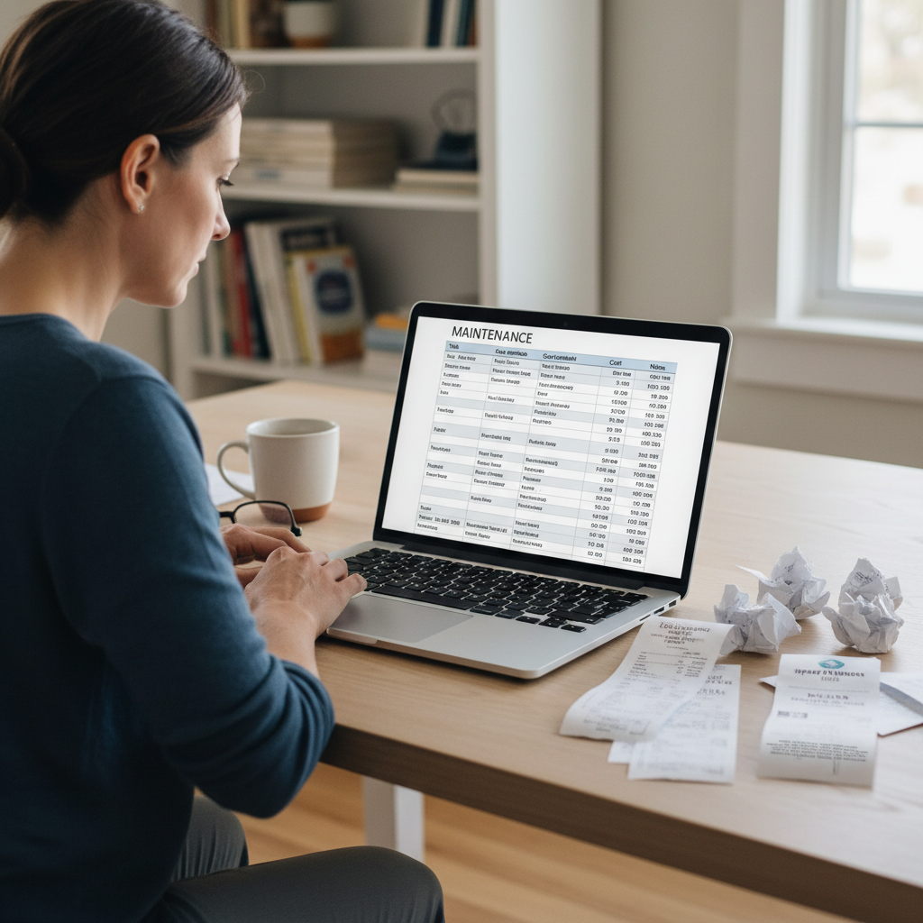 A homeowner reviewing a maintenance spreadsheet on a laptop with repair receipts nearby