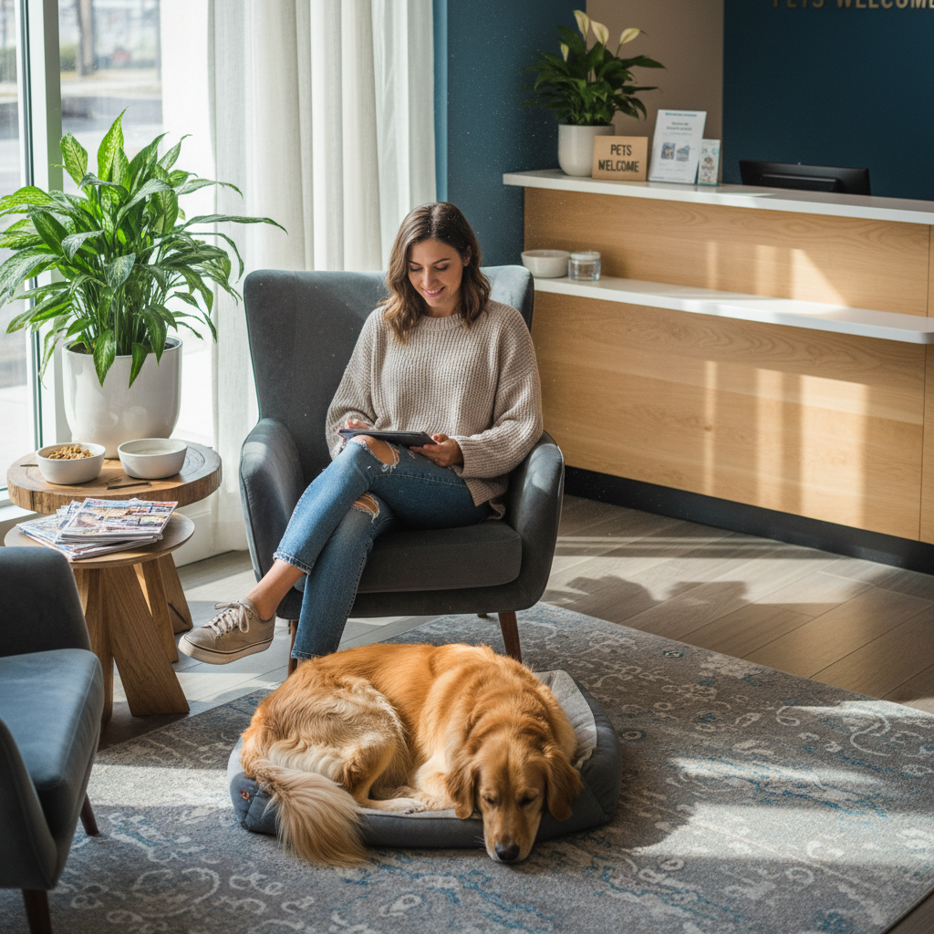 Pet owner and dog relaxing at a pet-friendly hotel lobby