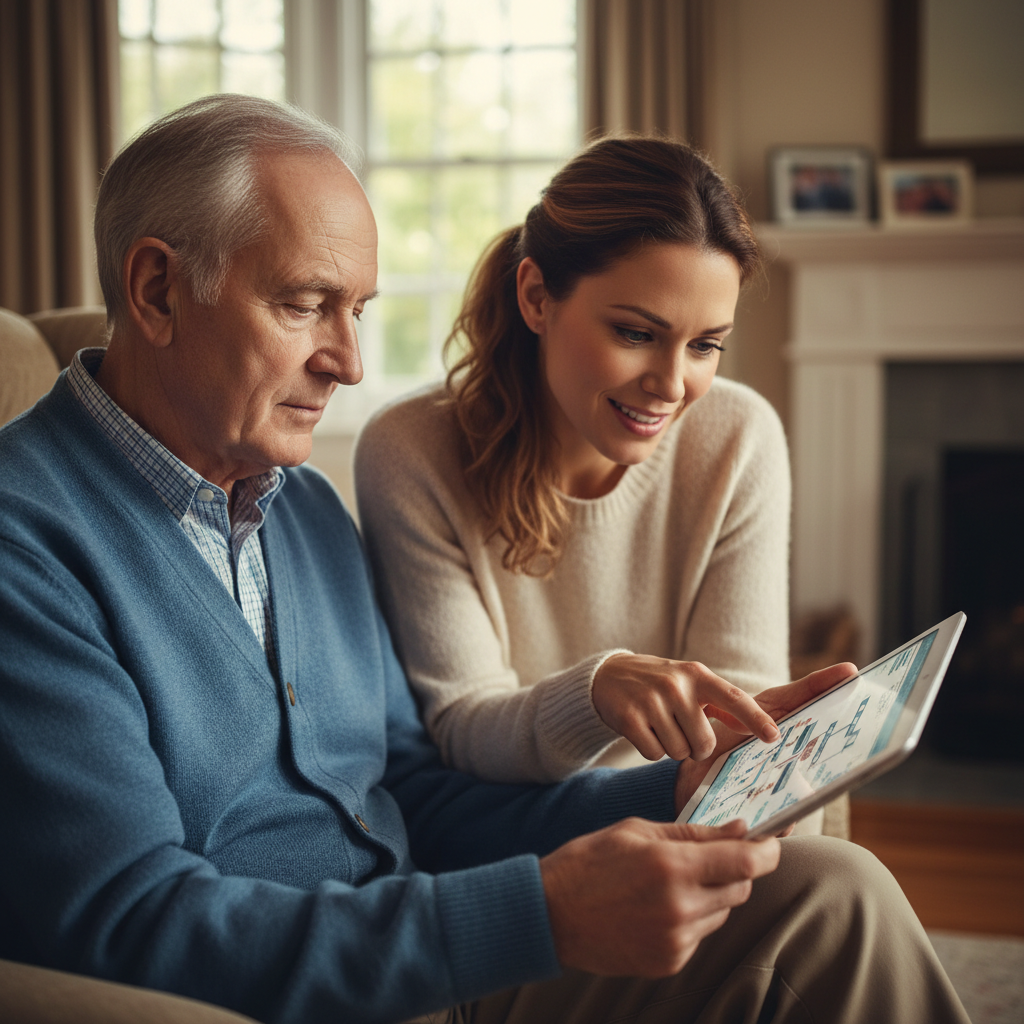An older adult looking at a tablet with a trusted family member pointing at the screen