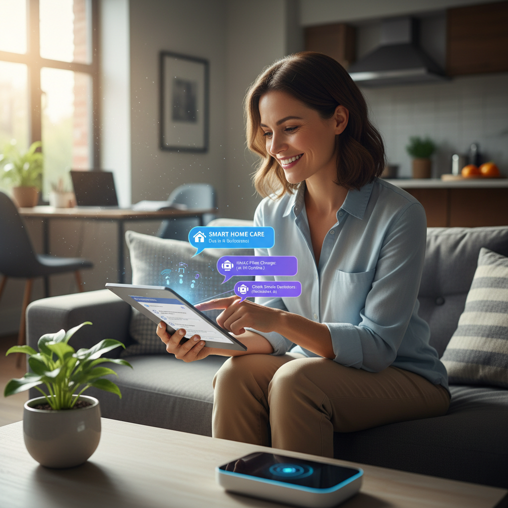 A homeowner using a tablet to review a home maintenance checklist with AI-generated reminders