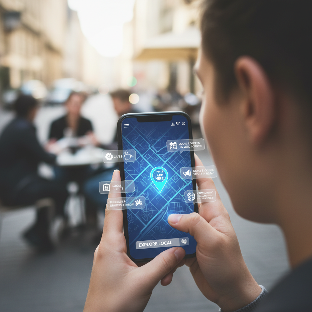 A person using a smartphone to explore nearby businesses, events, deals, specialists, and community resources displayed on an AI-powered local map