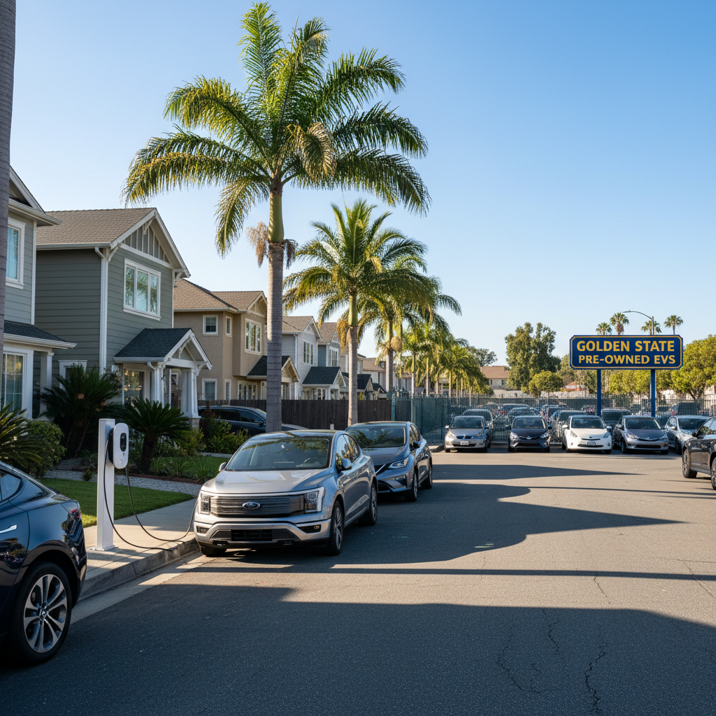 A California neighborhood with a mix of parked electric cars, a home EV charger, and a used-car lot in the background