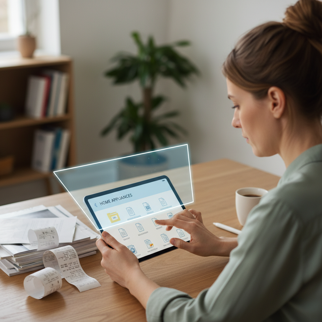 A homeowner scanning appliance manuals and receipts into a digital folder on a tablet