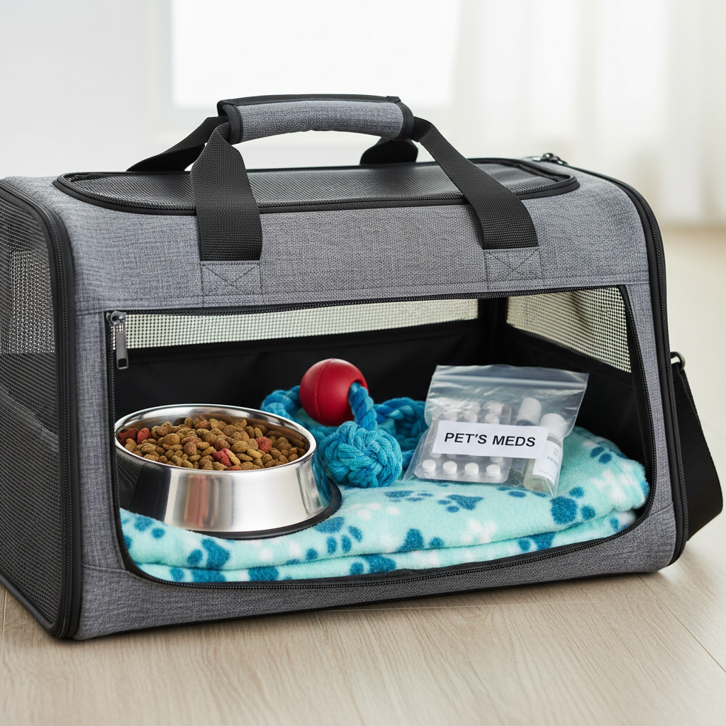 neatly packed pet carrier with food, a toy, and a medication bag