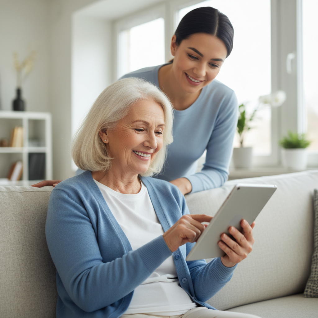 A friendly senior using a tablet with a caregiver smiling in the background