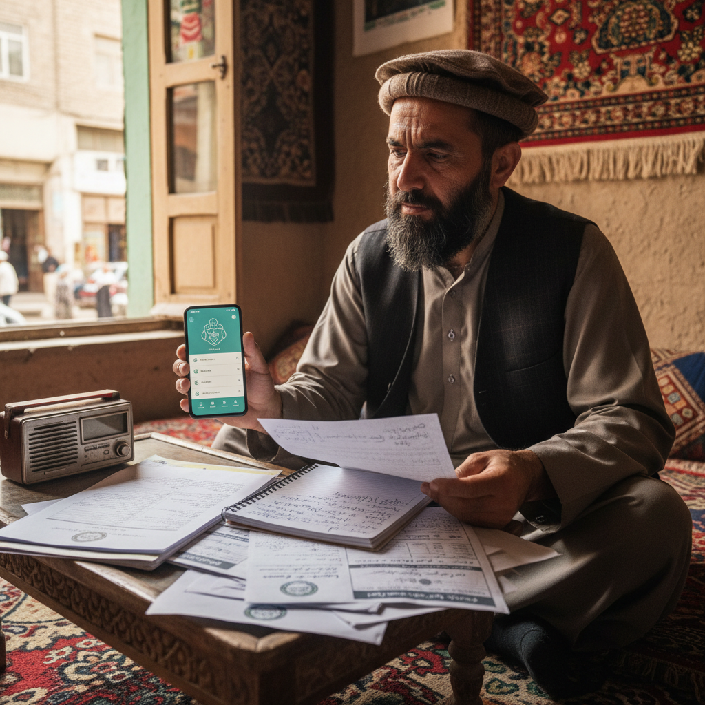 An Afghan resident comparing local service information on a mobile phone with notes from community contacts and official announcements