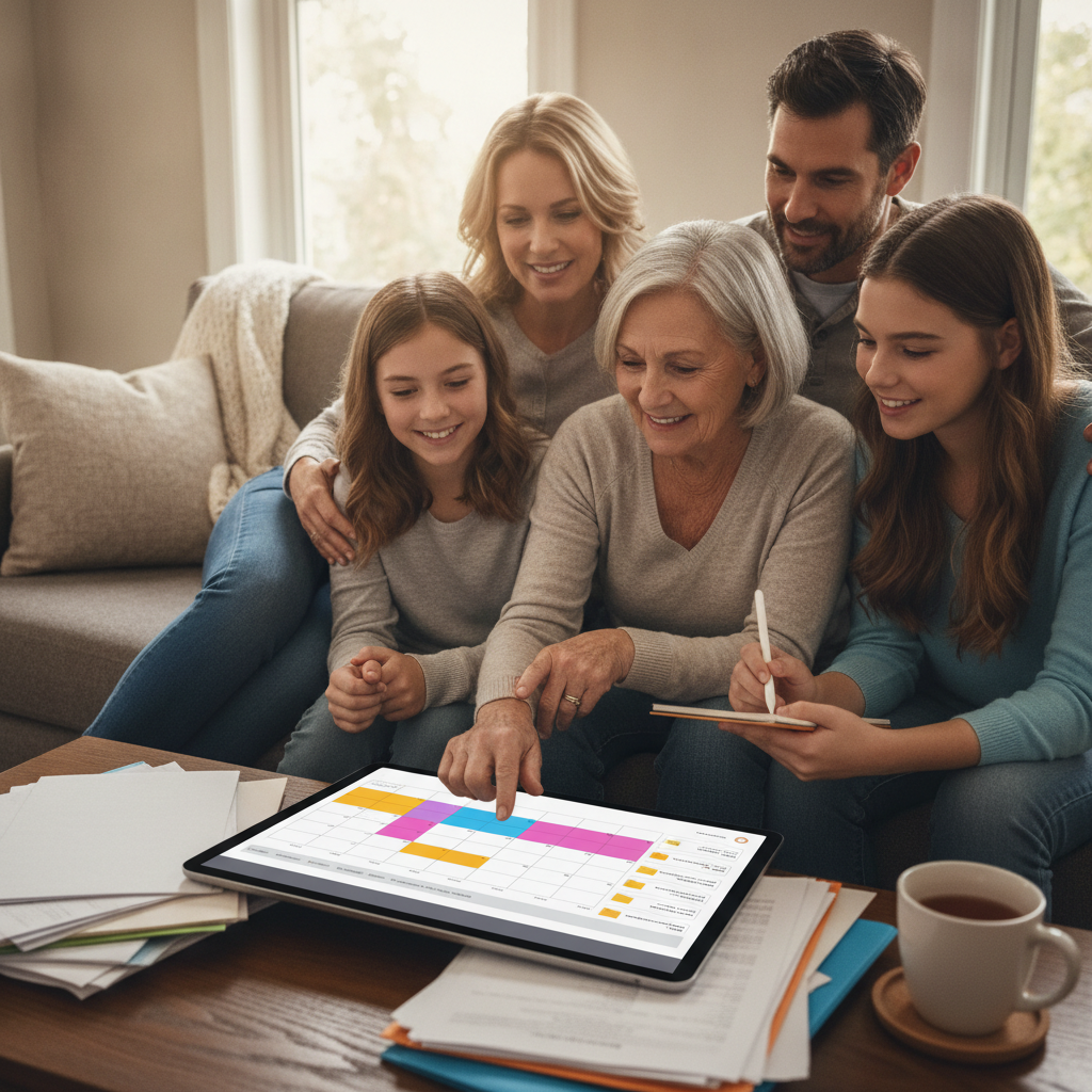 family around a tablet organizing care schedules and documents