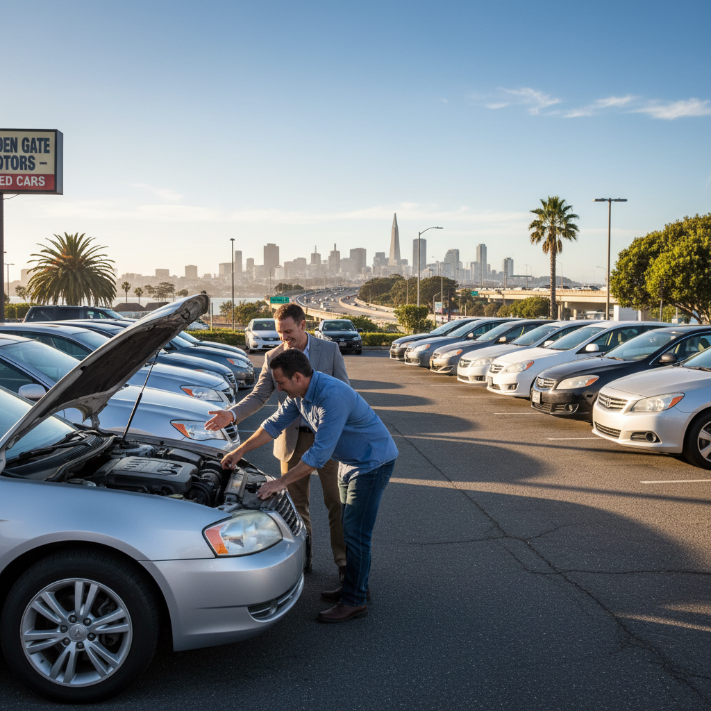 A prospective buyer inspecting a used car on a sunny Bay Area lot with the city skyline in the background