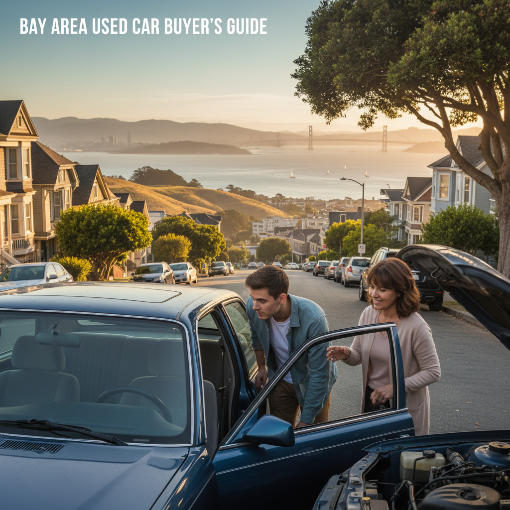 A buyer inspecting a used car in a Bay Area neighborhood with hills and the bay in the background