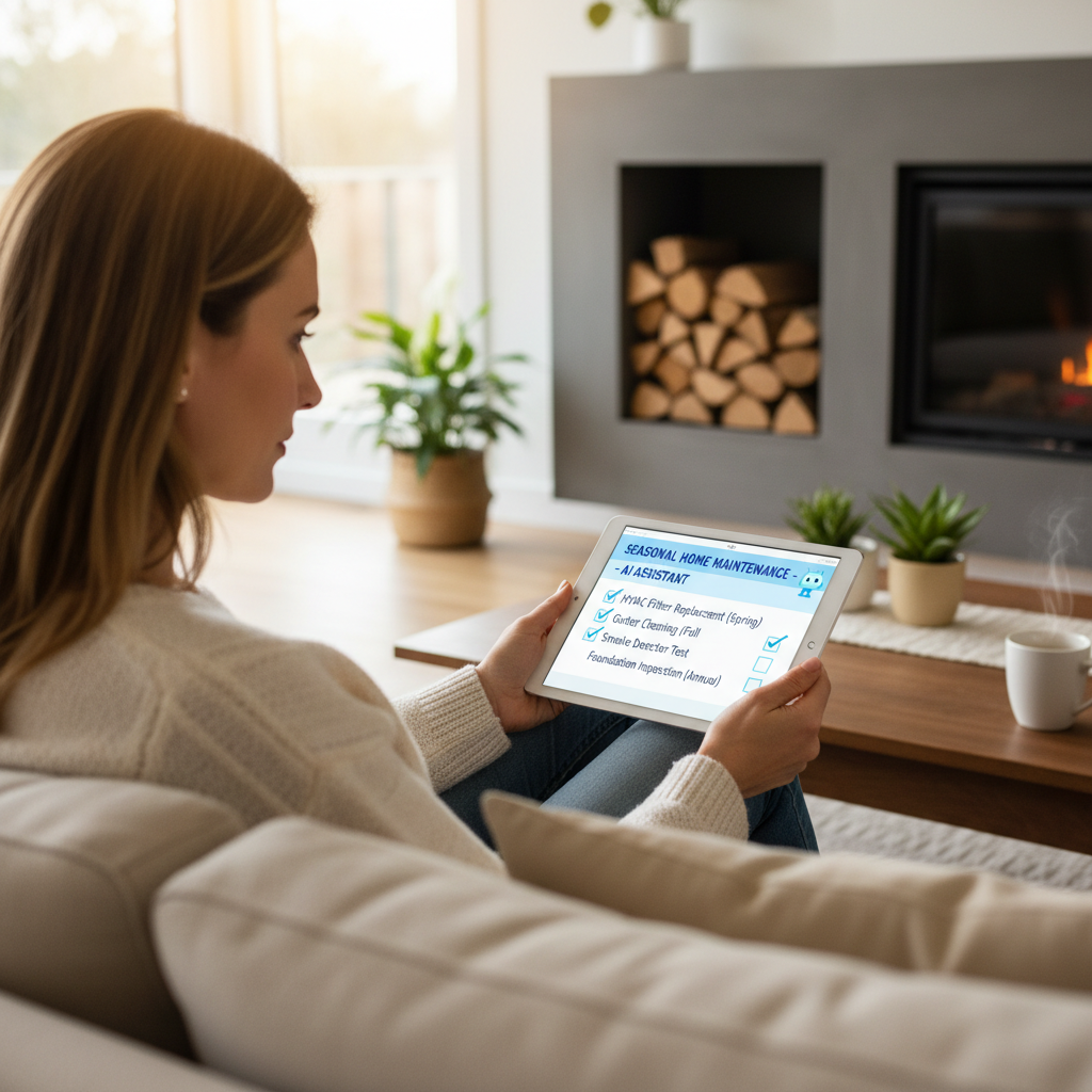 A homeowner using a tablet to review a seasonal maintenance checklist generated by an AI assistant